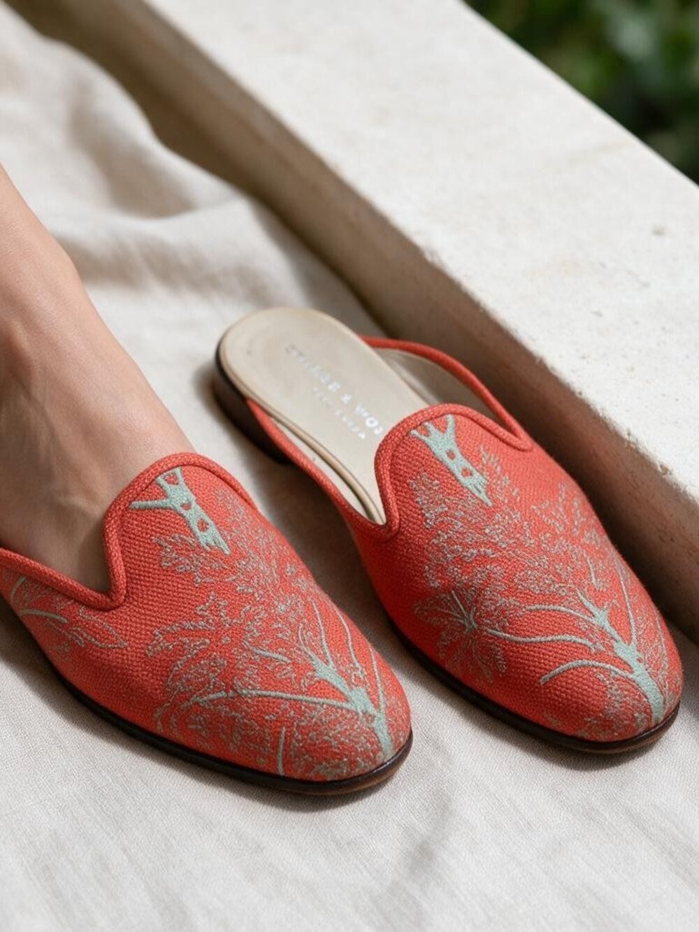Stubbs & Wootton Floral Print Embroidered Slip On Mules Size 6 Red Floral Print